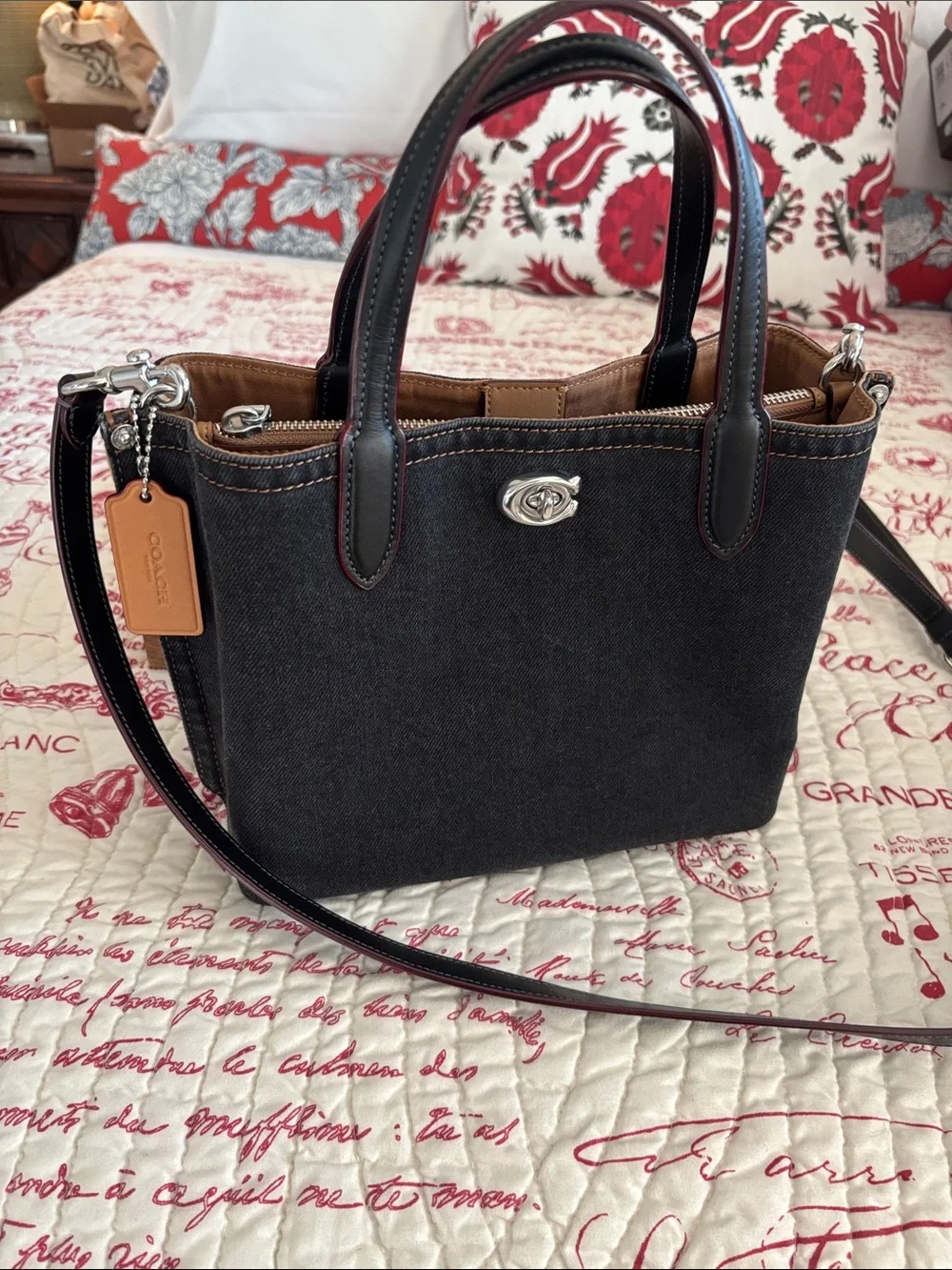 Authentic COACH Black Denim Willow Tote w Blk/Red Trimmed Leather
